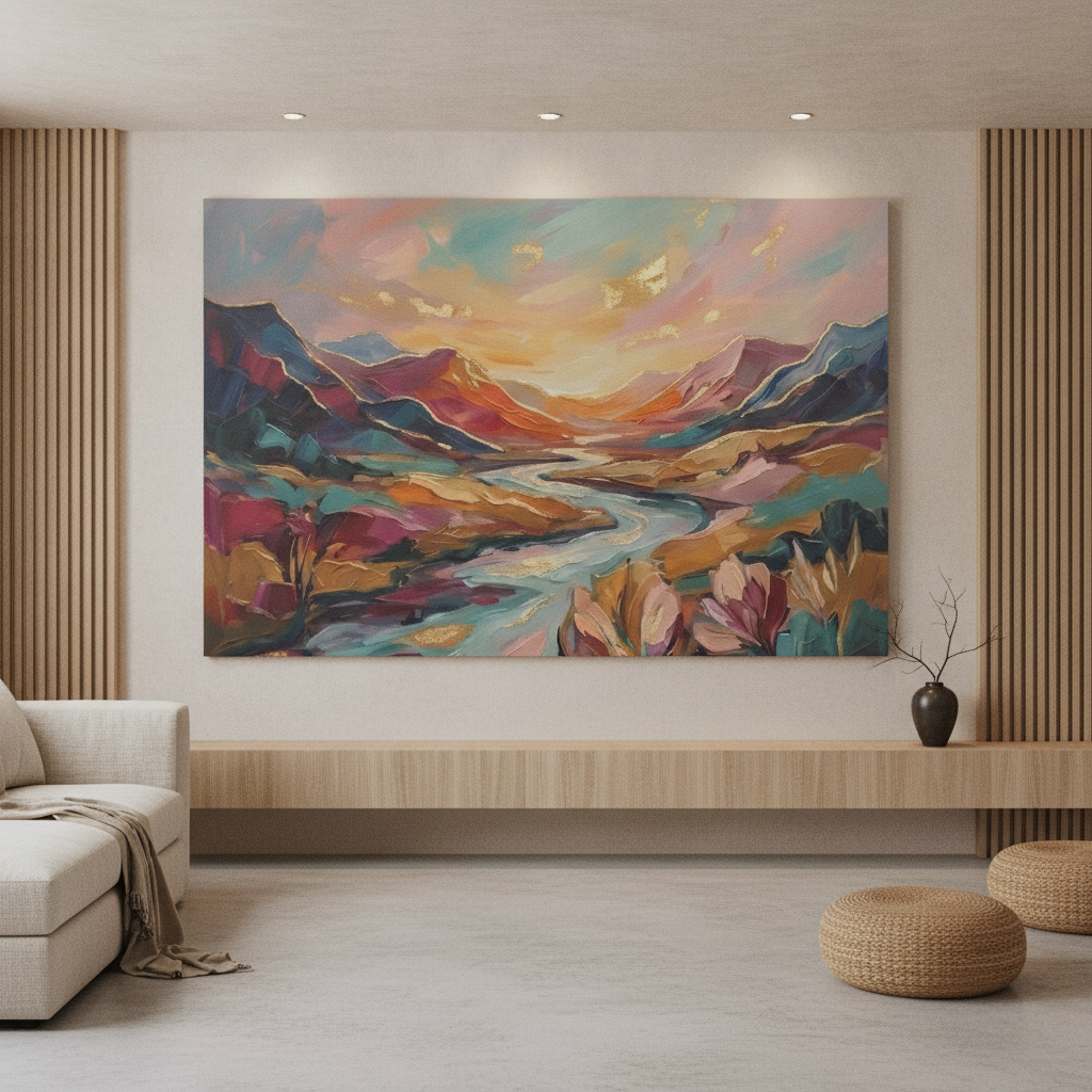Bold Colorful Mountain River Valley Painting