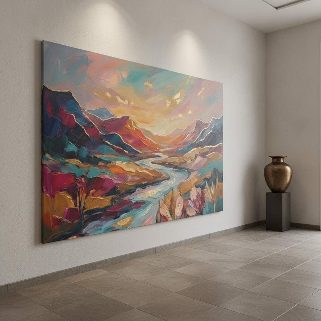 Bold Colorful Mountain River Valley Painting