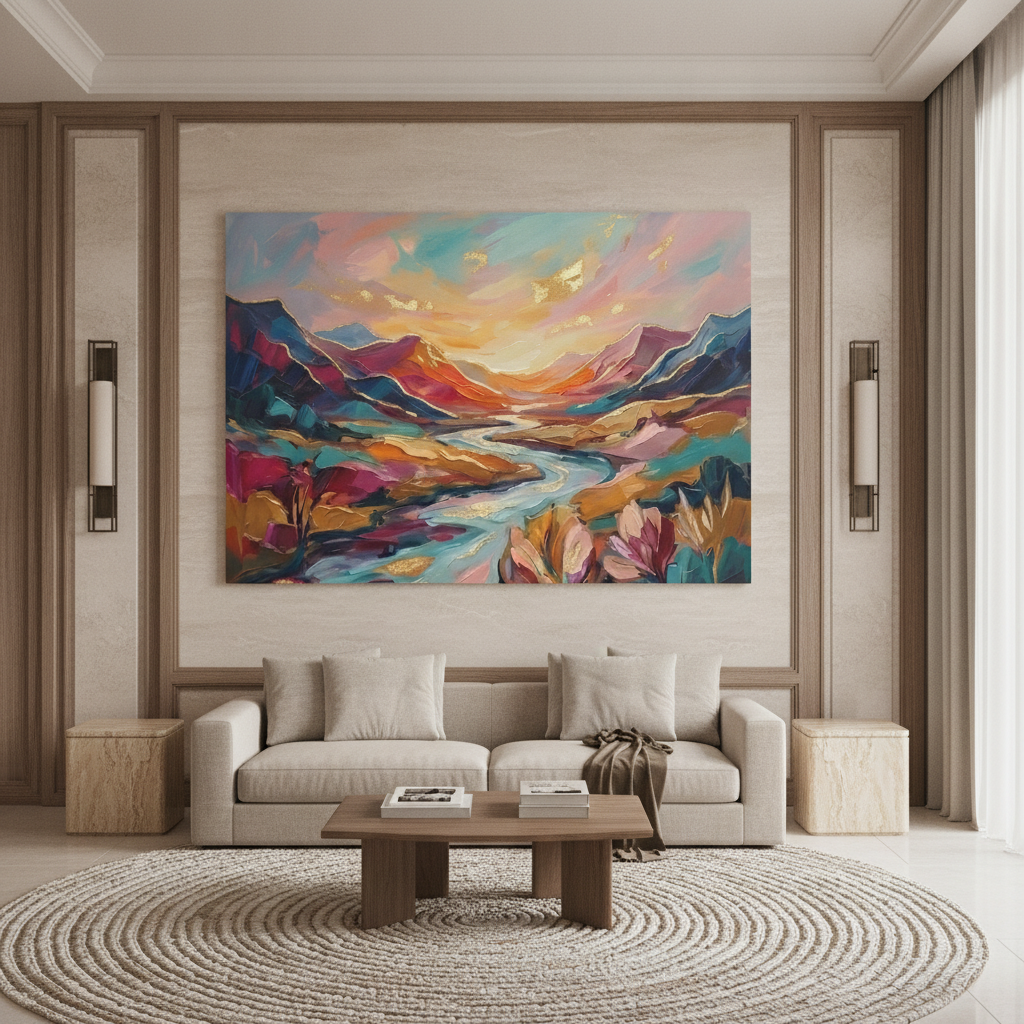 Bold Colorful Mountain River Valley Painting