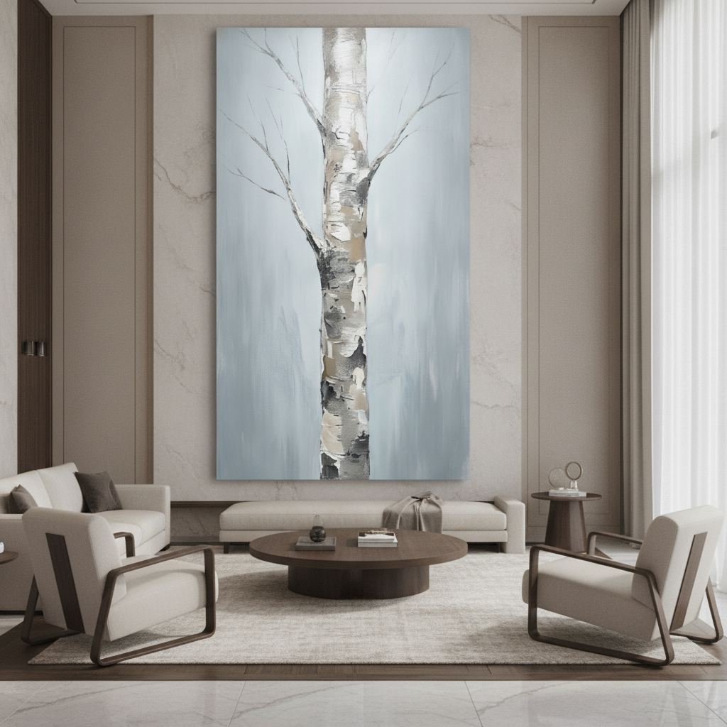 Silver Birch Trunk Minimal Grey Painting