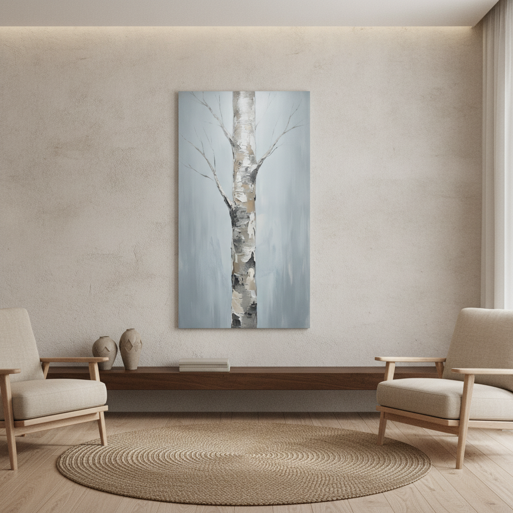 Silver Birch Trunk Minimal Grey Painting