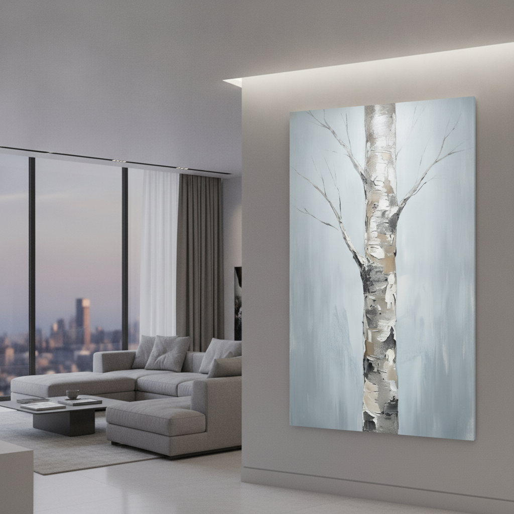 Silver Birch Trunk Minimal Grey Painting