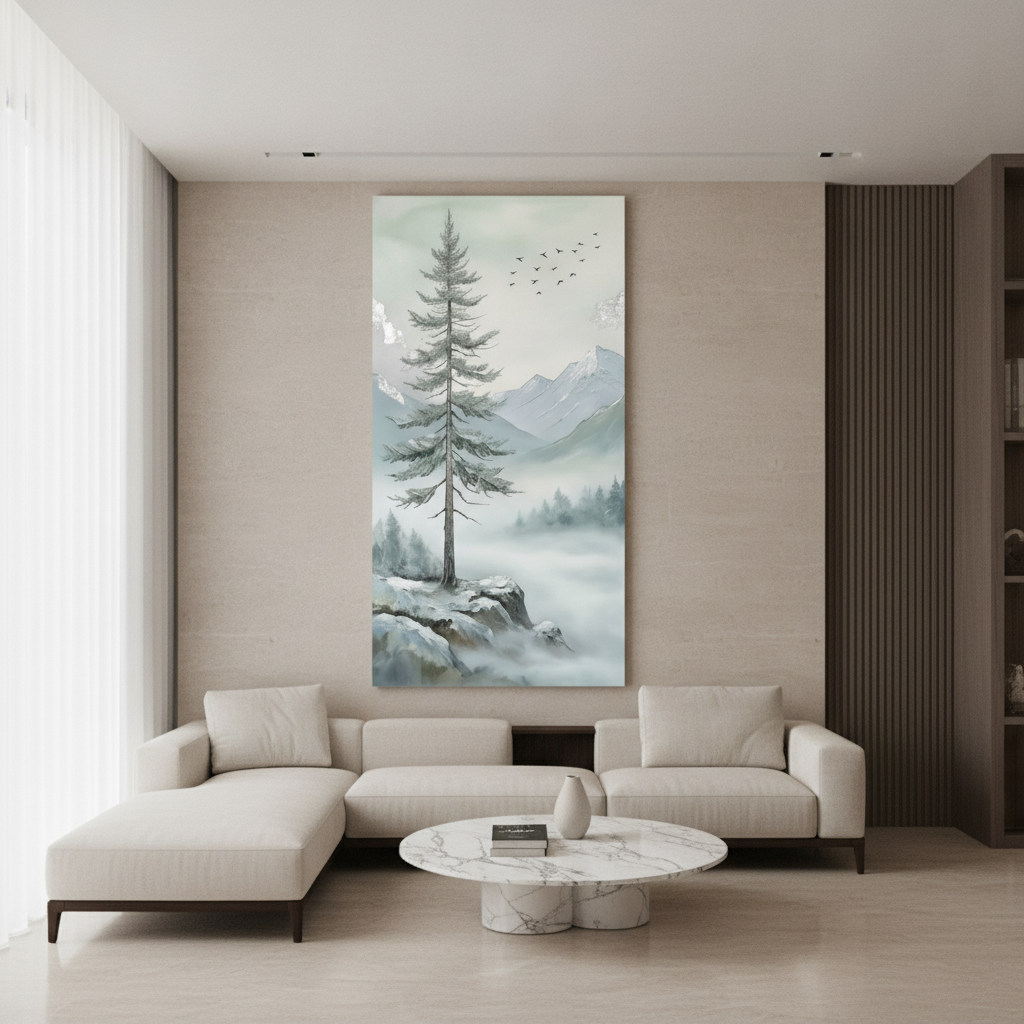 Tall Fir Tree Snowy Mountain Painting
