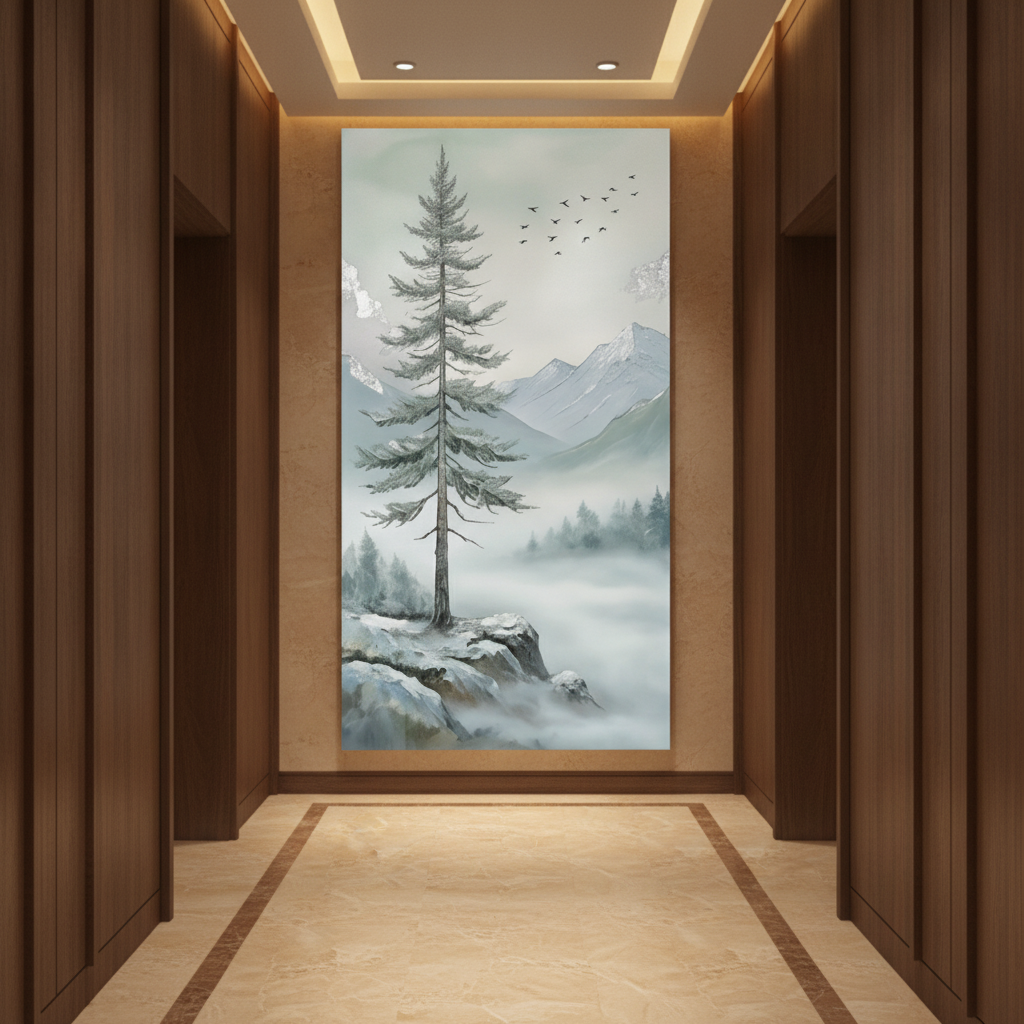 Tall Fir Tree Snowy Mountain Painting