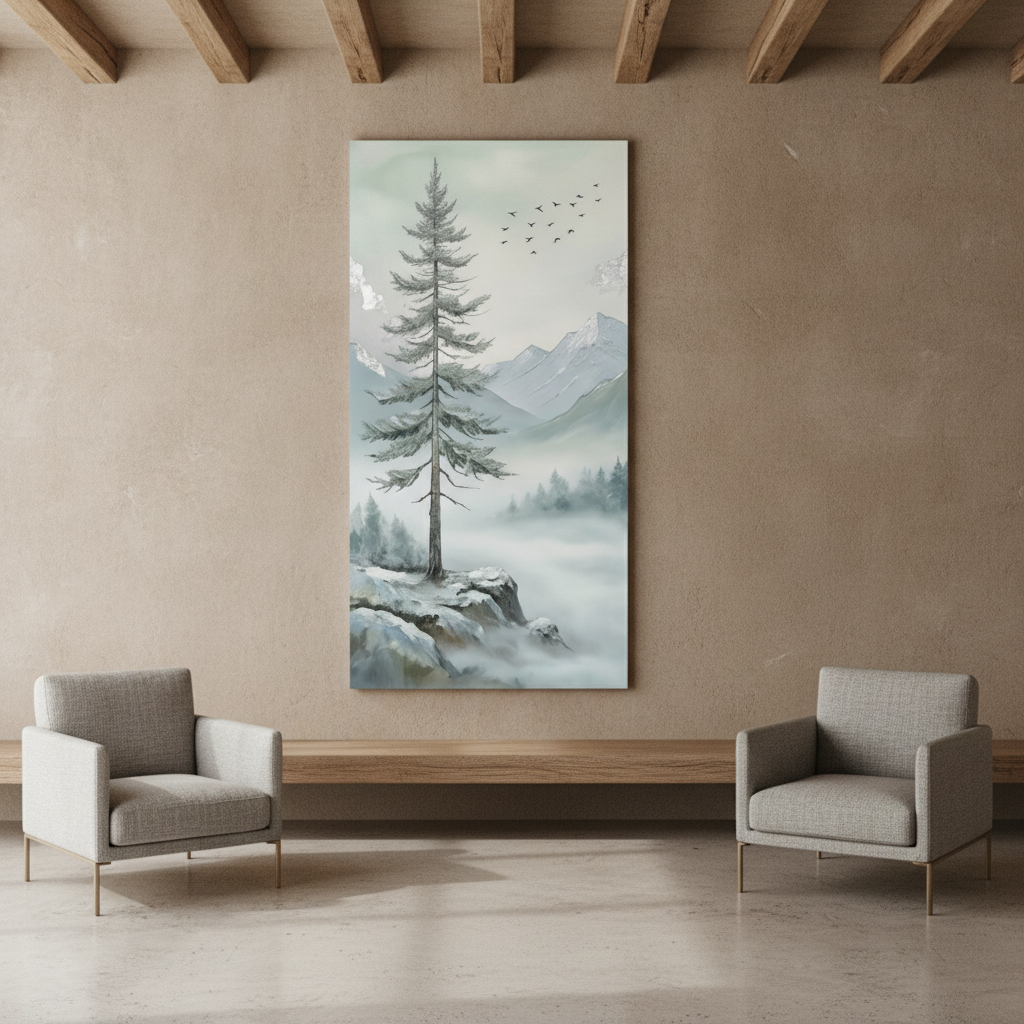 Tall Fir Tree Snowy Mountain Painting