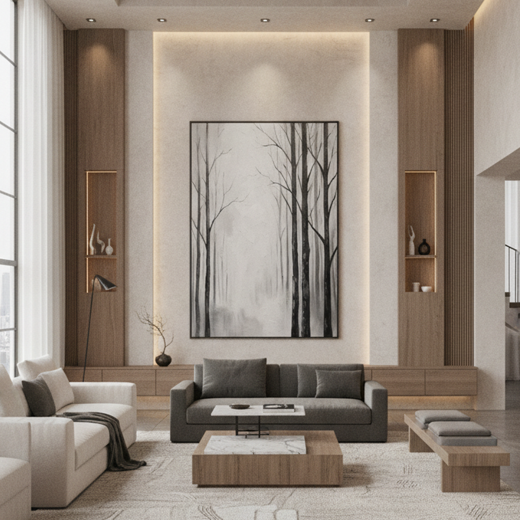 Black White Bare Tree Mist Forest Painting