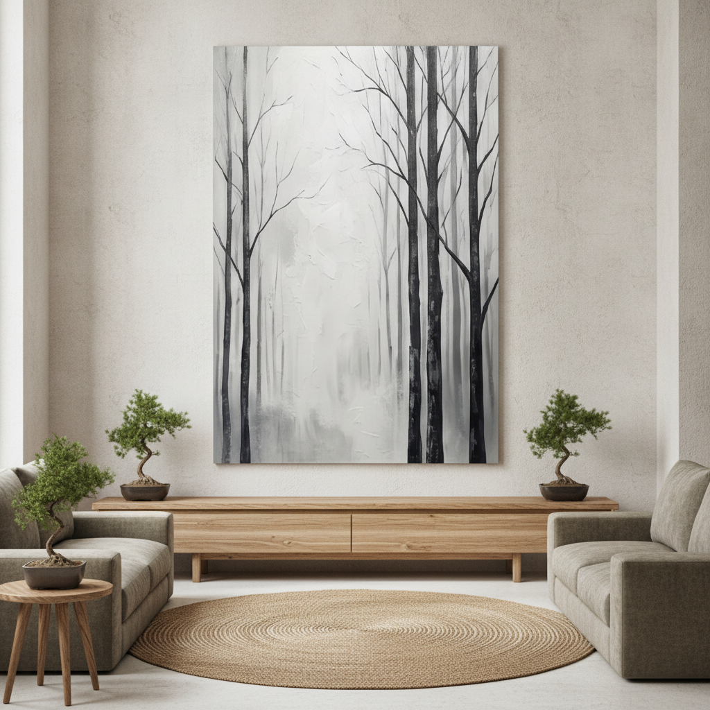 Black White Bare Tree Mist Forest Painting