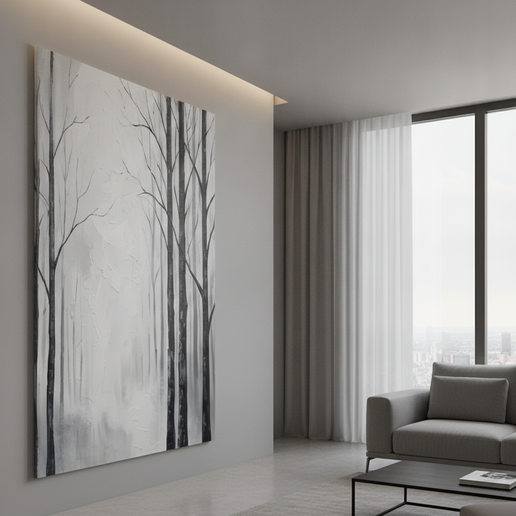 Black White Bare Tree Mist Forest Painting