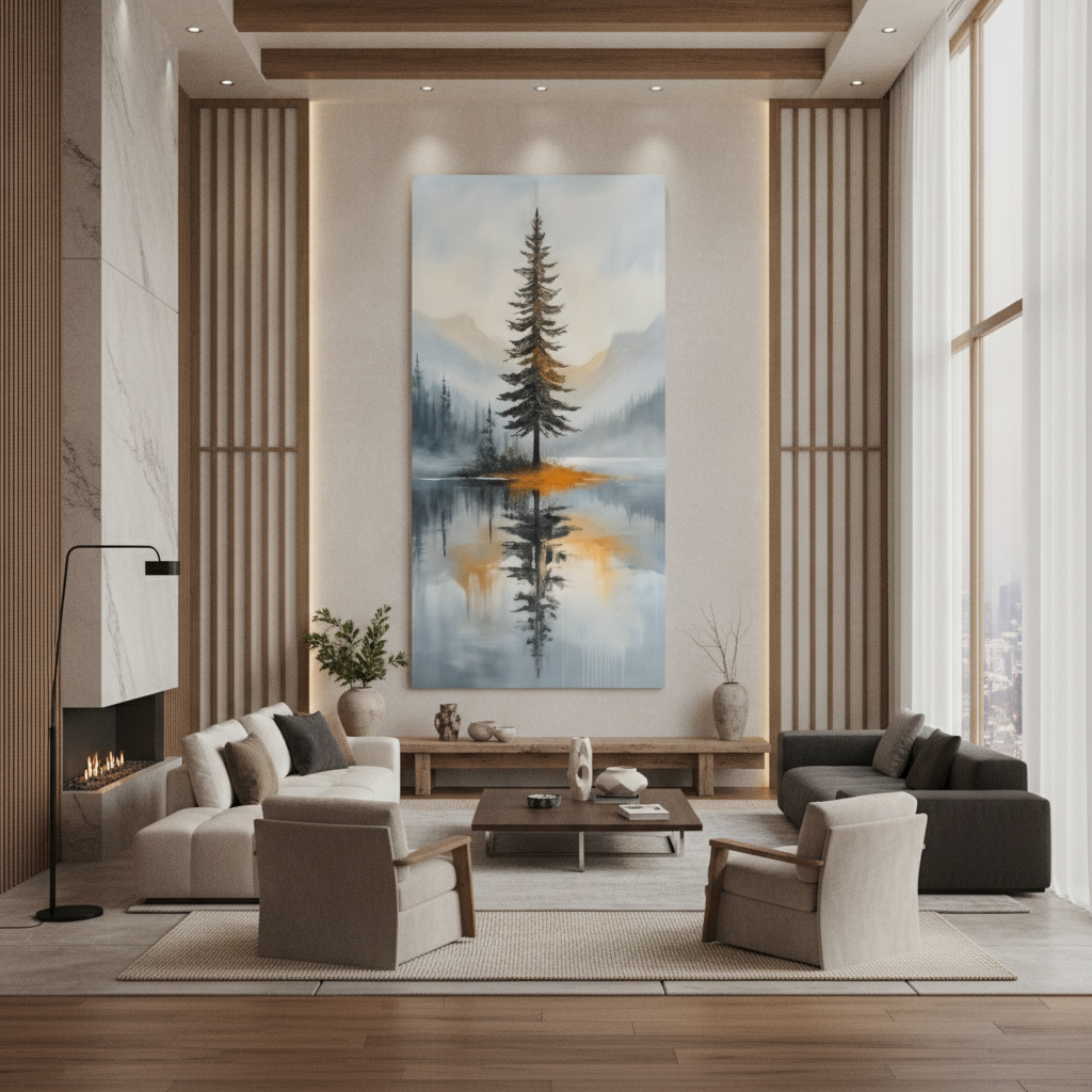 Pine Tree Gold Lake Reflection Painting