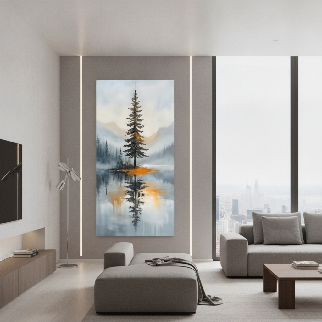 Pine Tree Gold Lake Reflection Painting