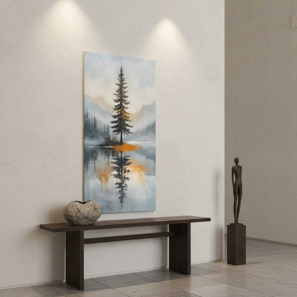 Pine Tree Gold Lake Reflection Painting