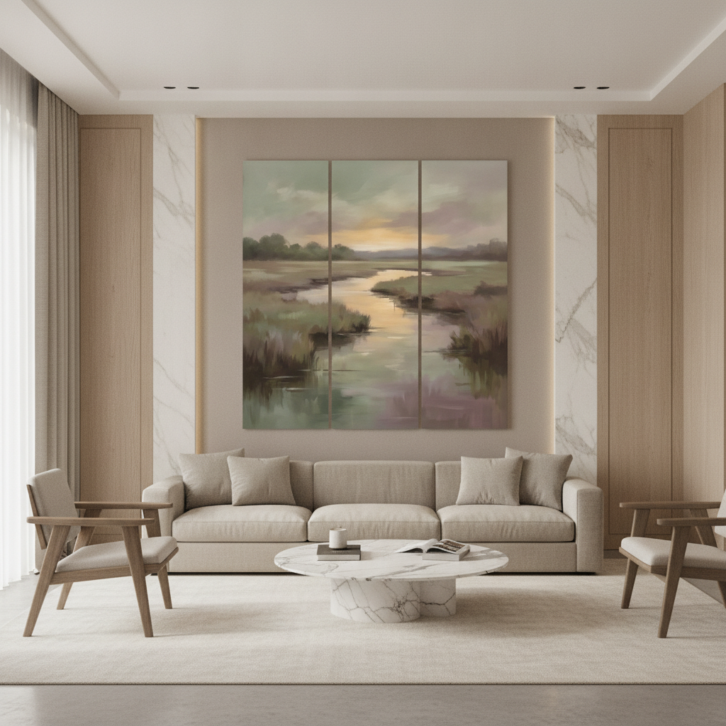 Marshland Meadow River Sunset Painting