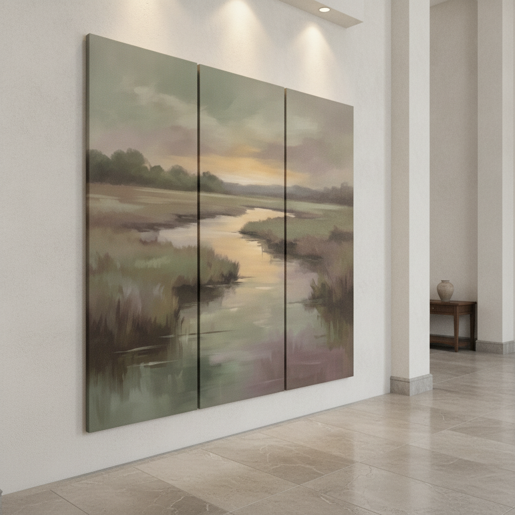 Marshland Meadow River Sunset Painting