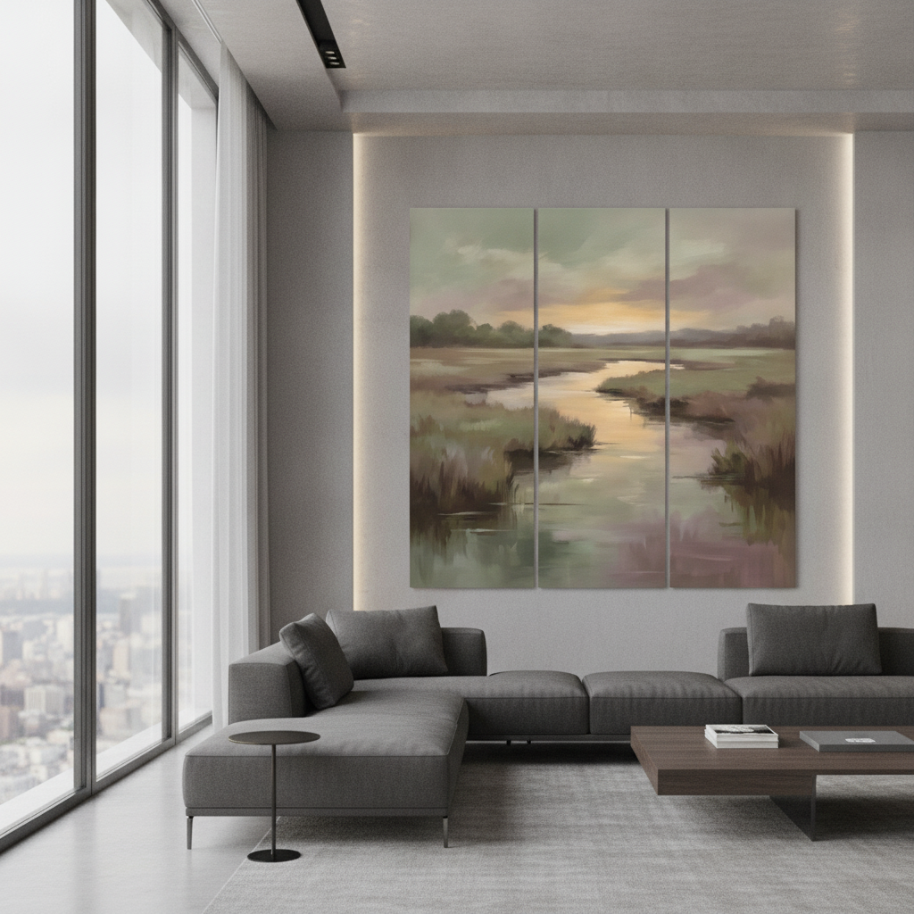 Marshland Meadow River Sunset Painting