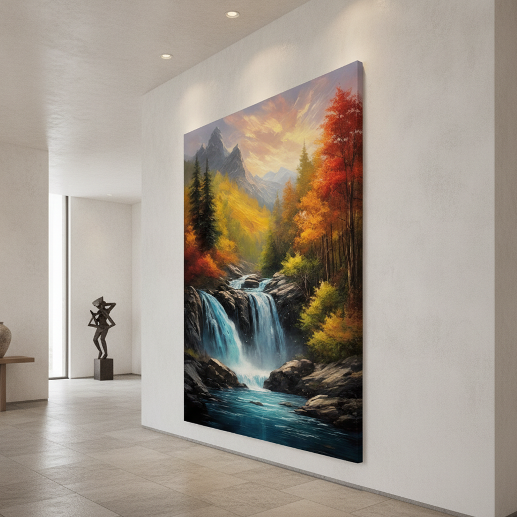 Autumn Waterfall Mountain Fiery Trees Painting