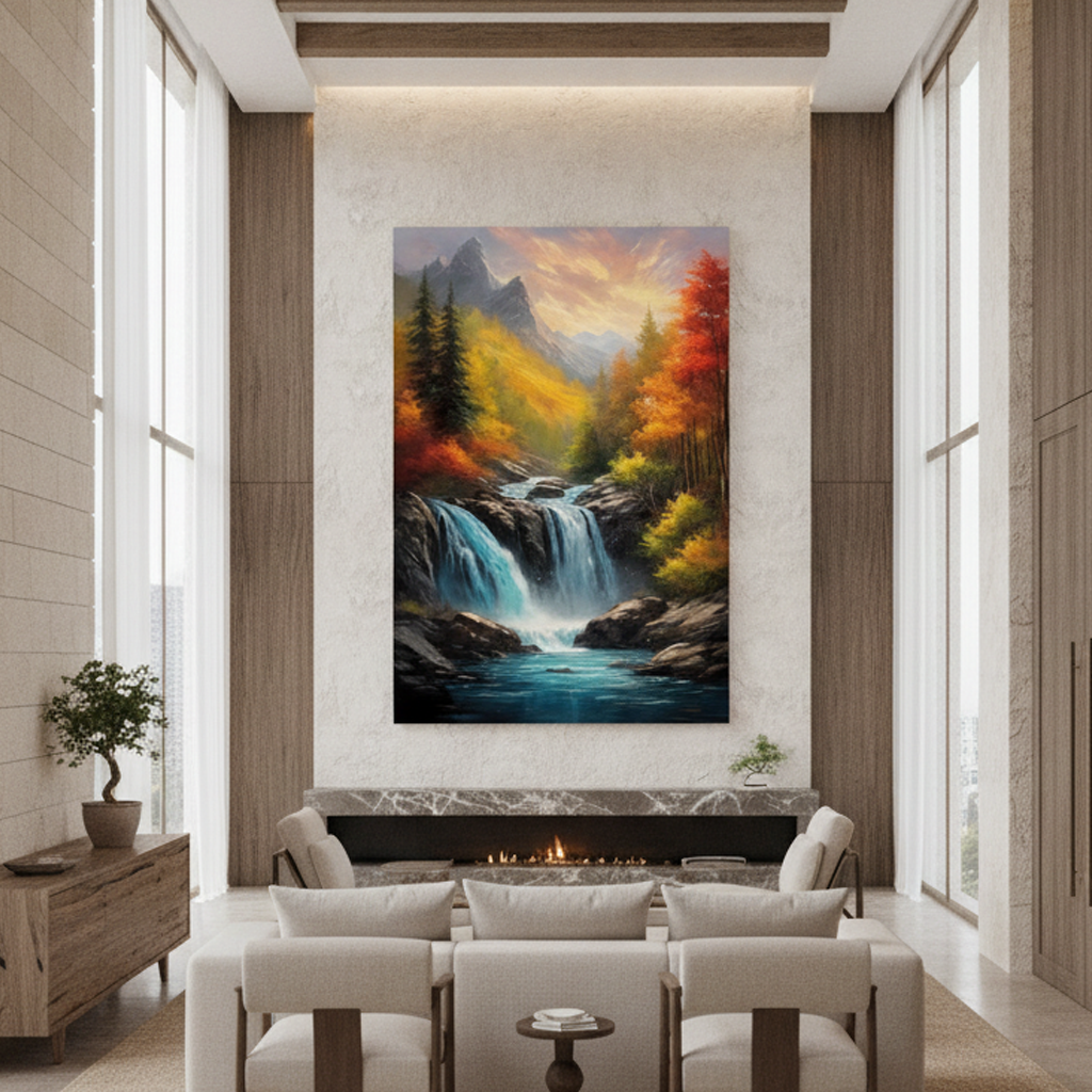 Autumn Waterfall Mountain Fiery Trees Painting