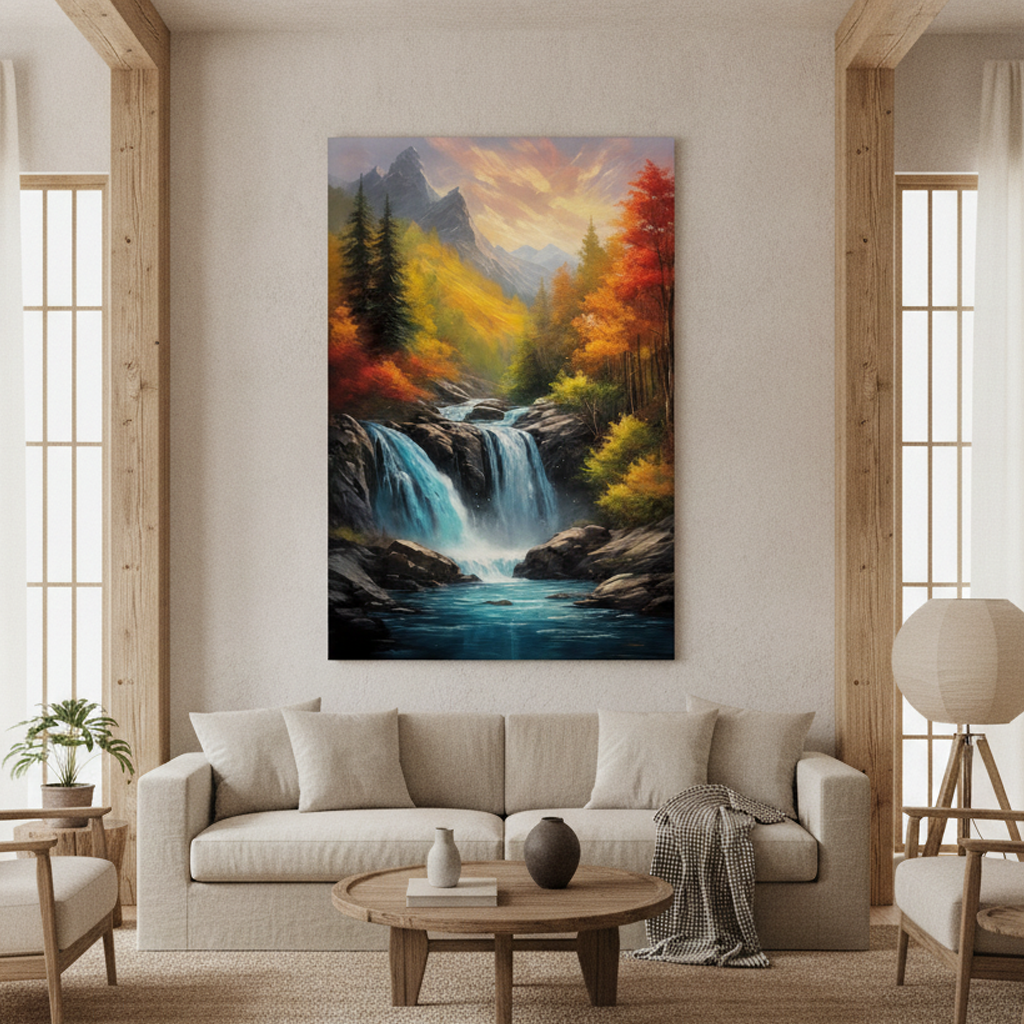 Autumn Waterfall Mountain Fiery Trees Painting