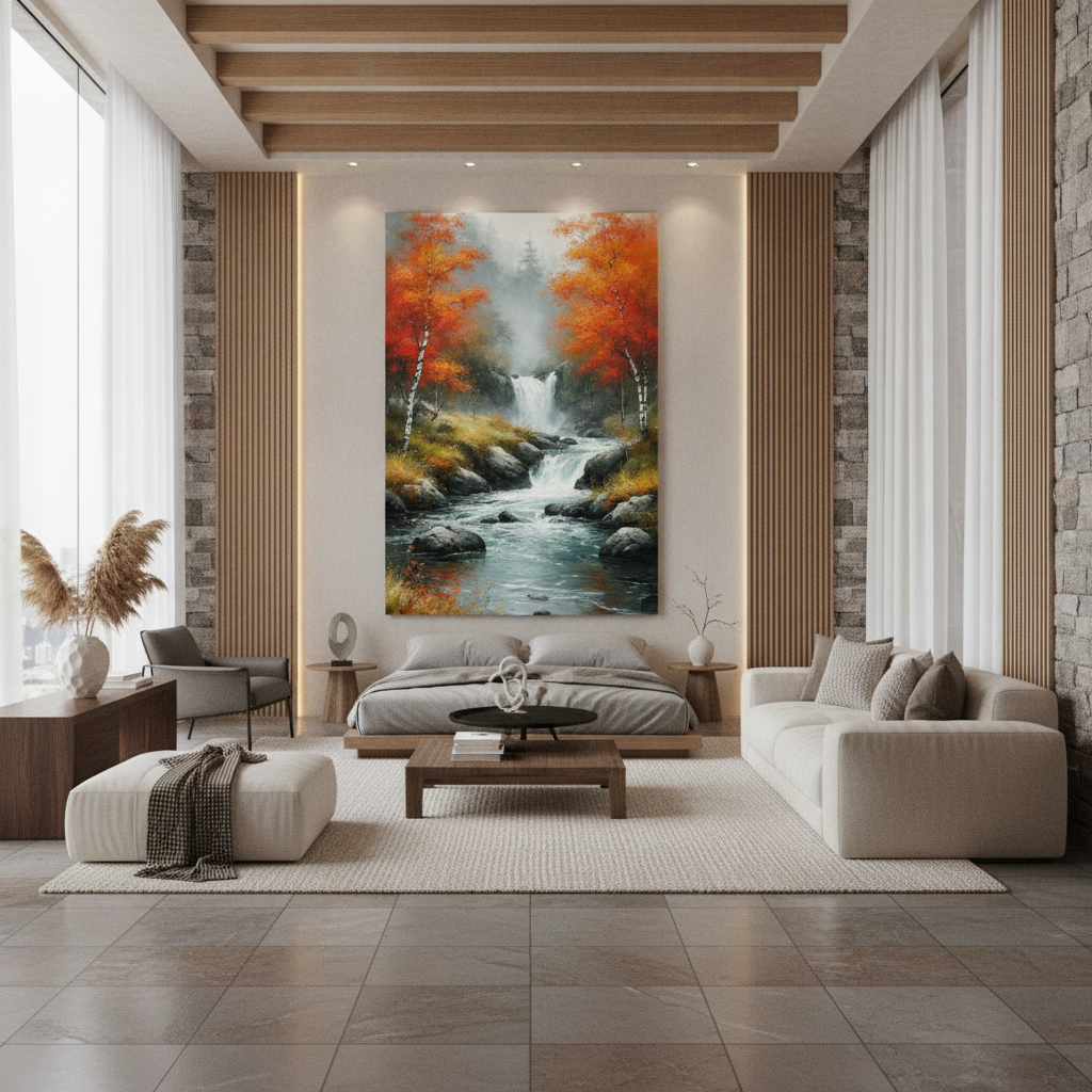 Red Orange Birch Waterfall Forest Painting
