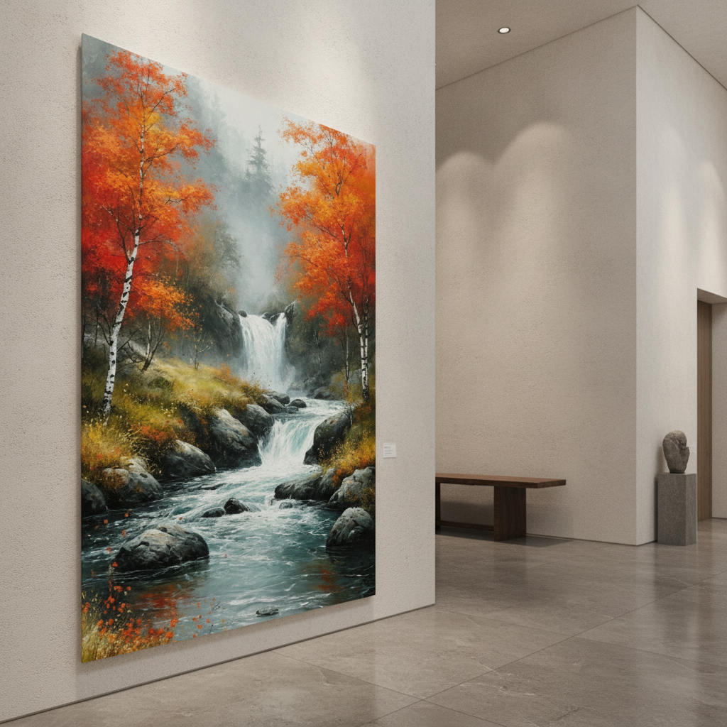 Red Orange Birch Waterfall Forest Painting