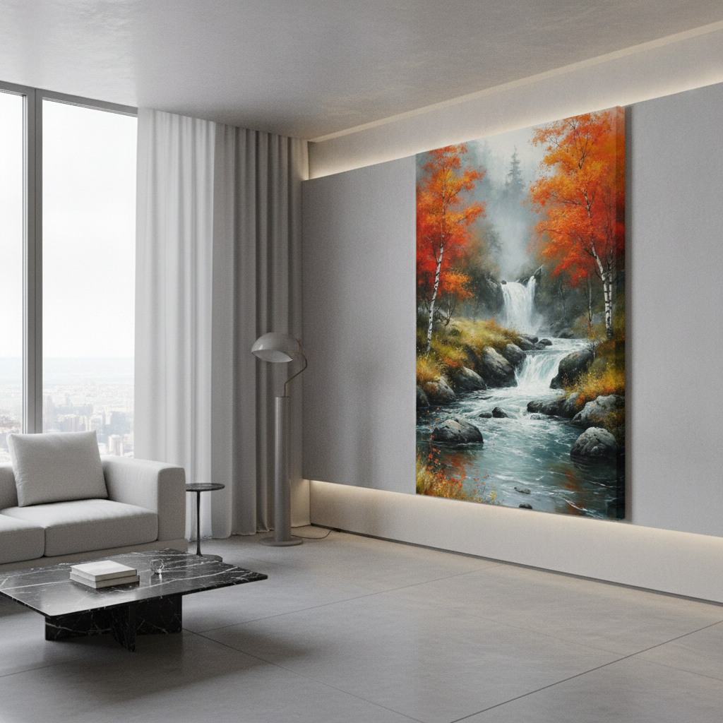 Red Orange Birch Waterfall Forest Painting