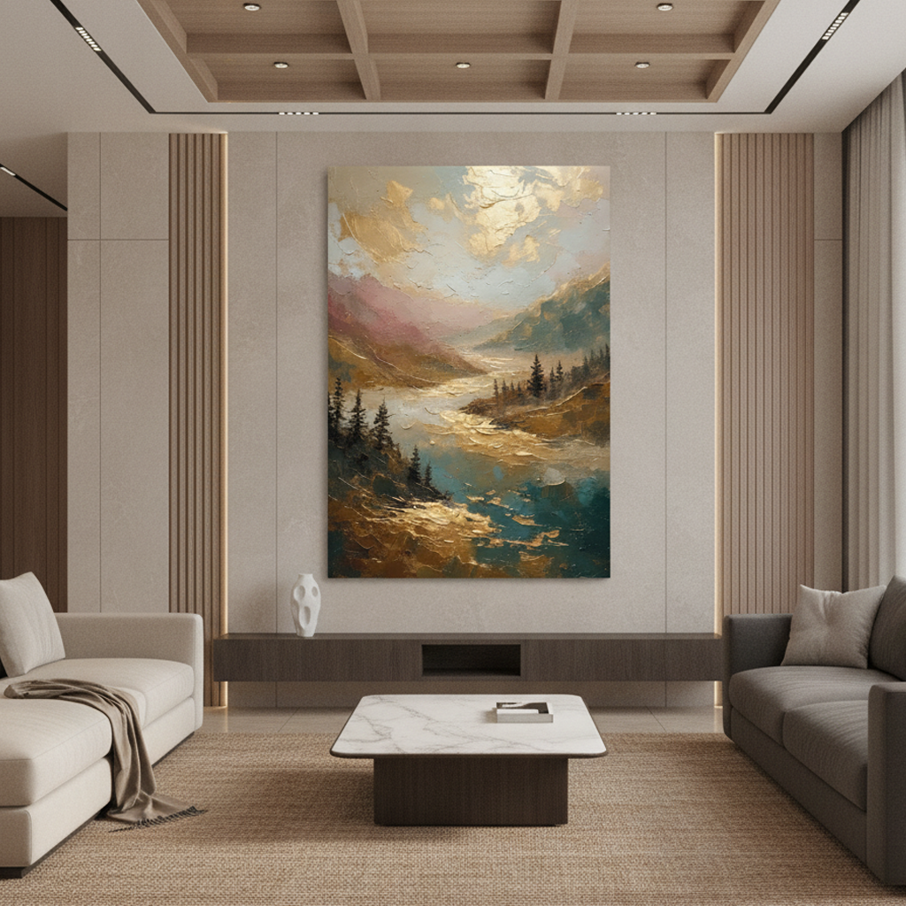 Gold Textured Mountain Lake Pine Painting