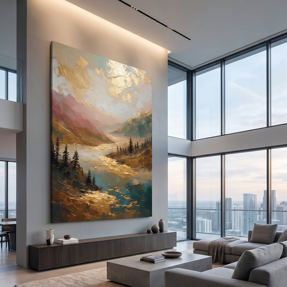 Gold Textured Mountain Lake Pine Painting