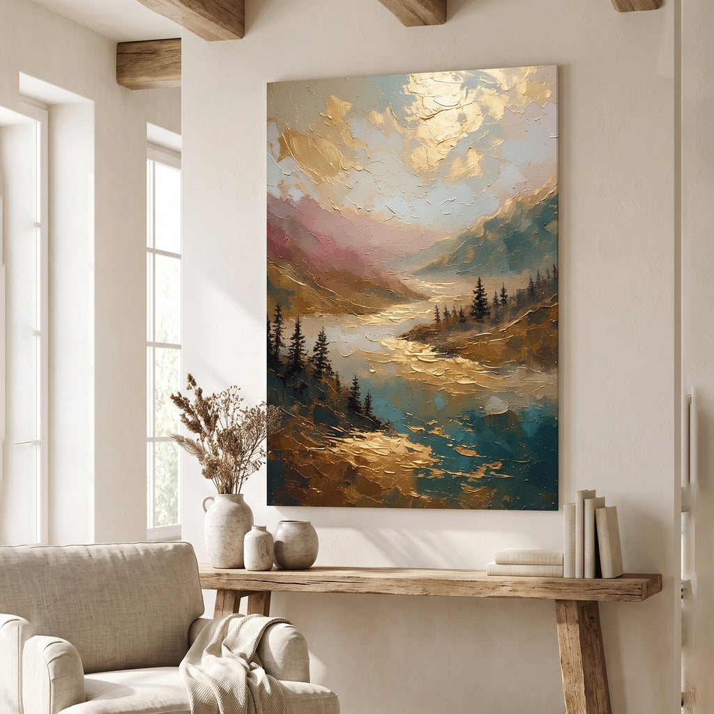 Gold Textured Mountain Lake Pine Painting