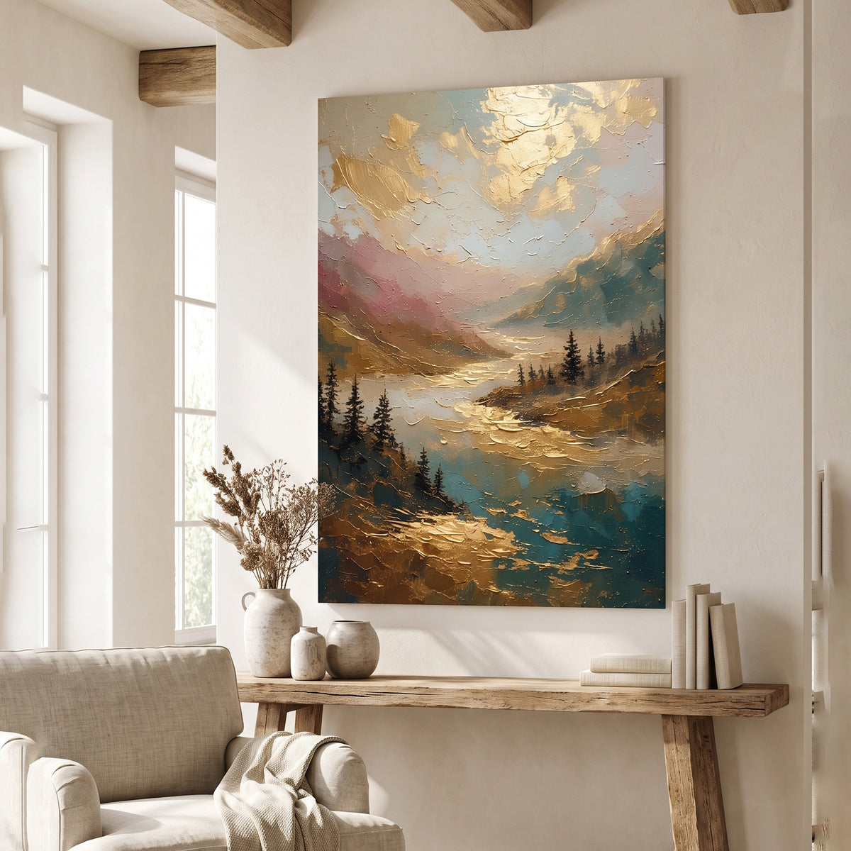 Gold Textured Mountain Lake Pine Painting