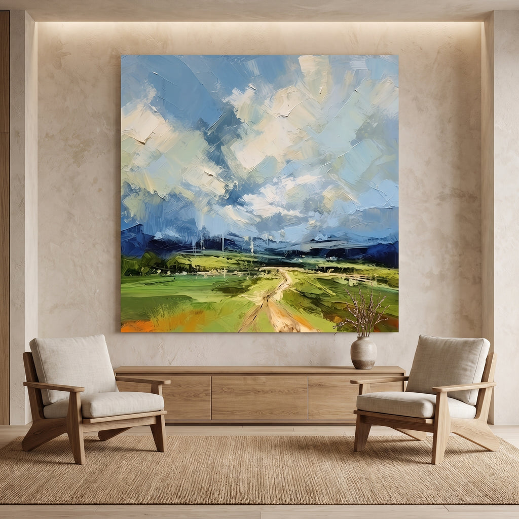 Blue Sky Green Field Open Road Painting