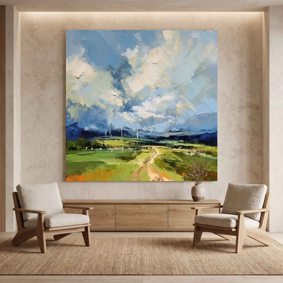 Blue Sky Green Field Open Road Painting