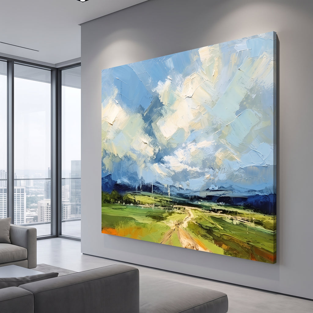 Blue Sky Green Field Open Road Painting