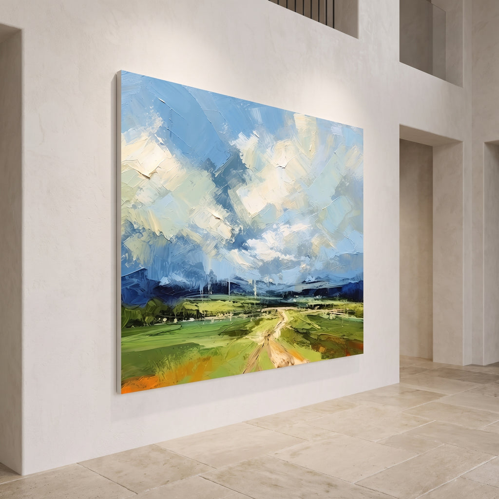Blue Sky Green Field Open Road Painting