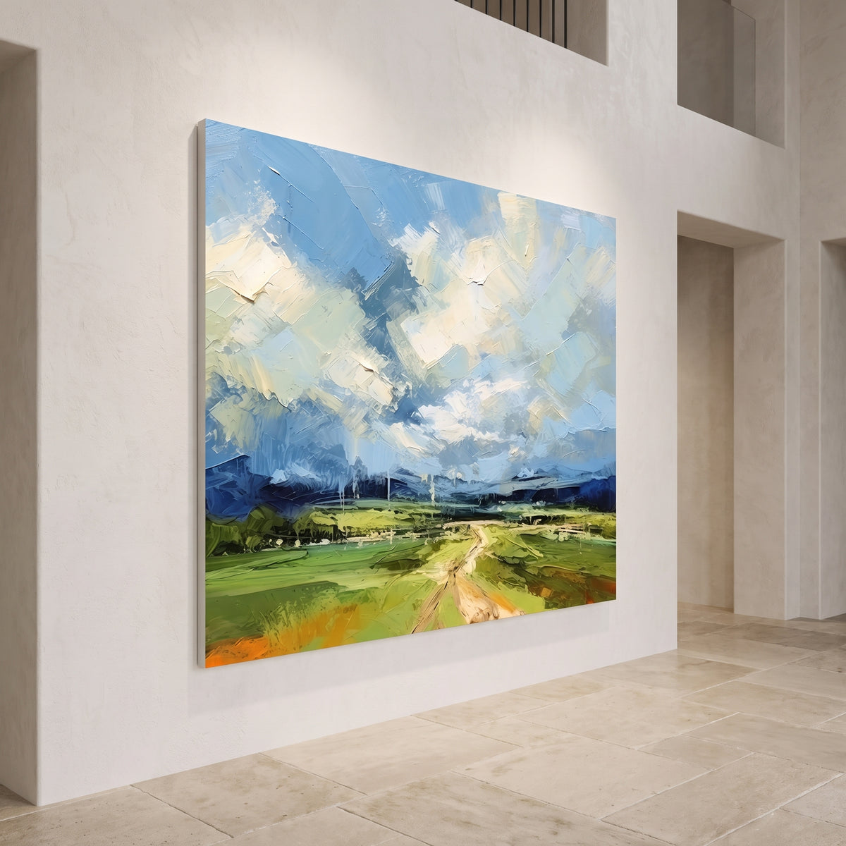 Blue Sky Green Field Open Road Painting