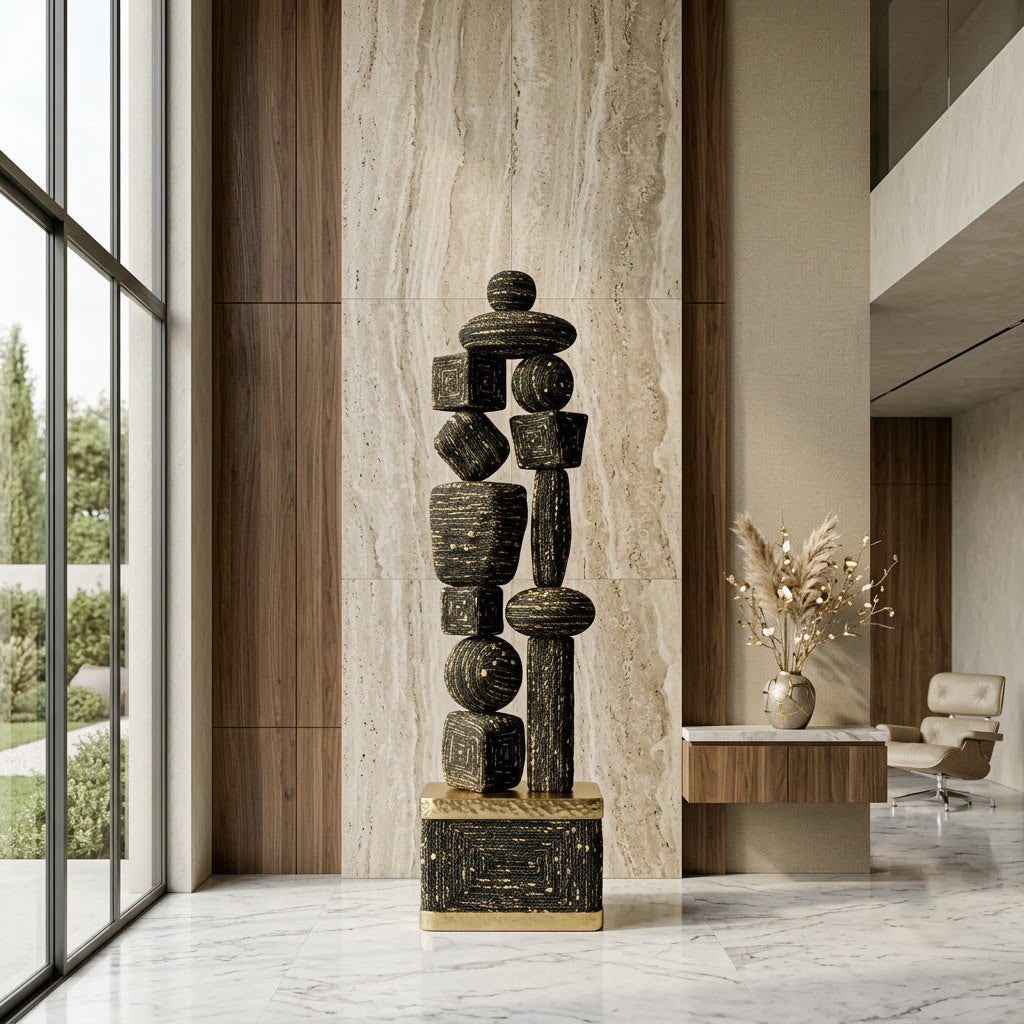 Black & Gold Textured Totem Sculpture