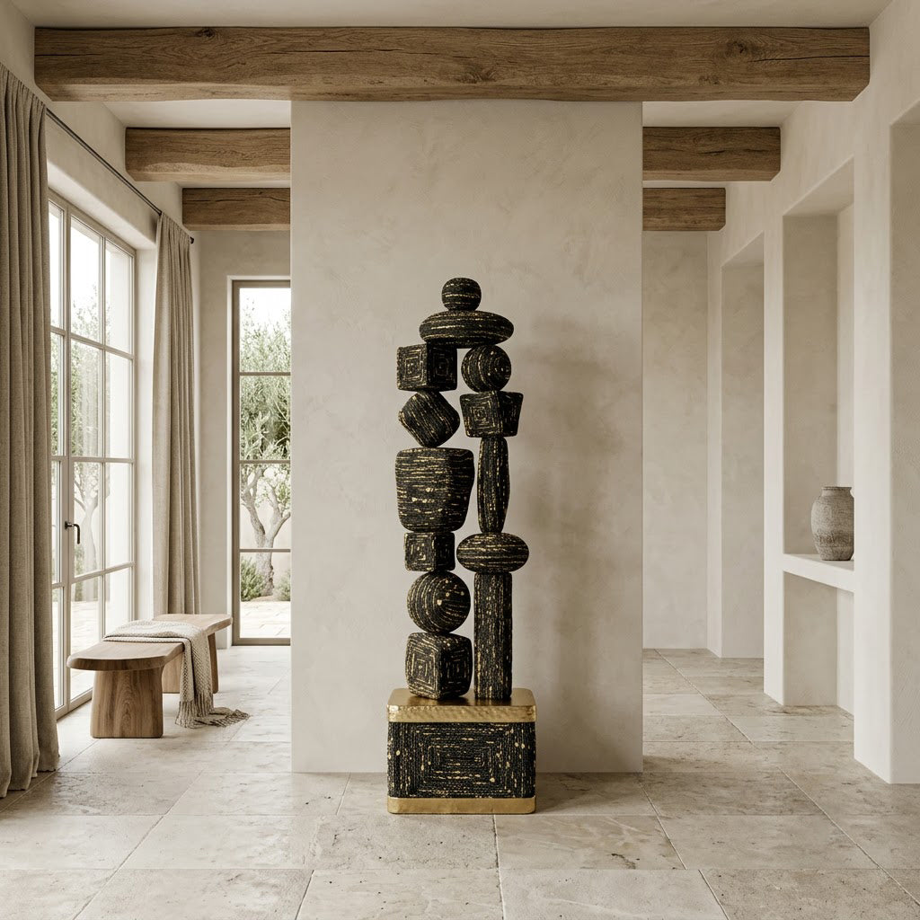 Black & Gold Textured Totem Sculpture