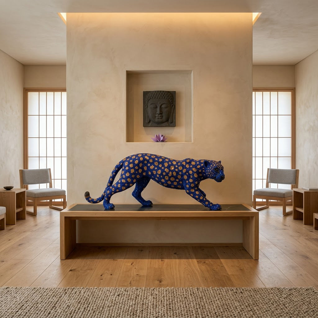 Blue & Gold Crystal Leopard Sculpture