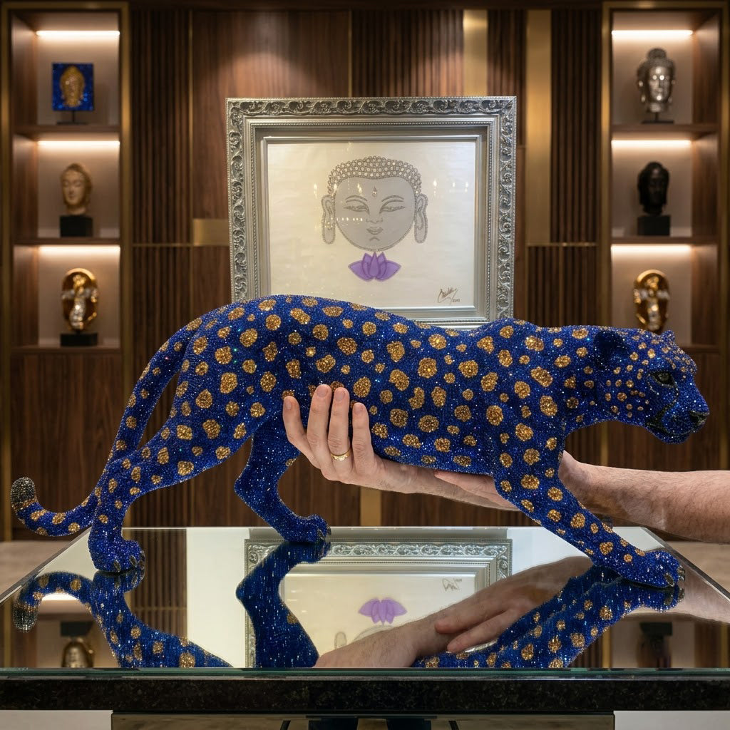 Blue & Gold Crystal Leopard Sculpture