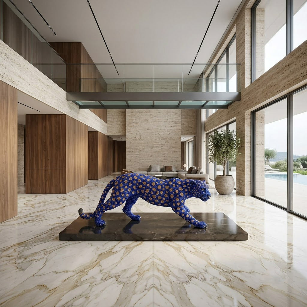 Blue & Gold Crystal Leopard Sculpture