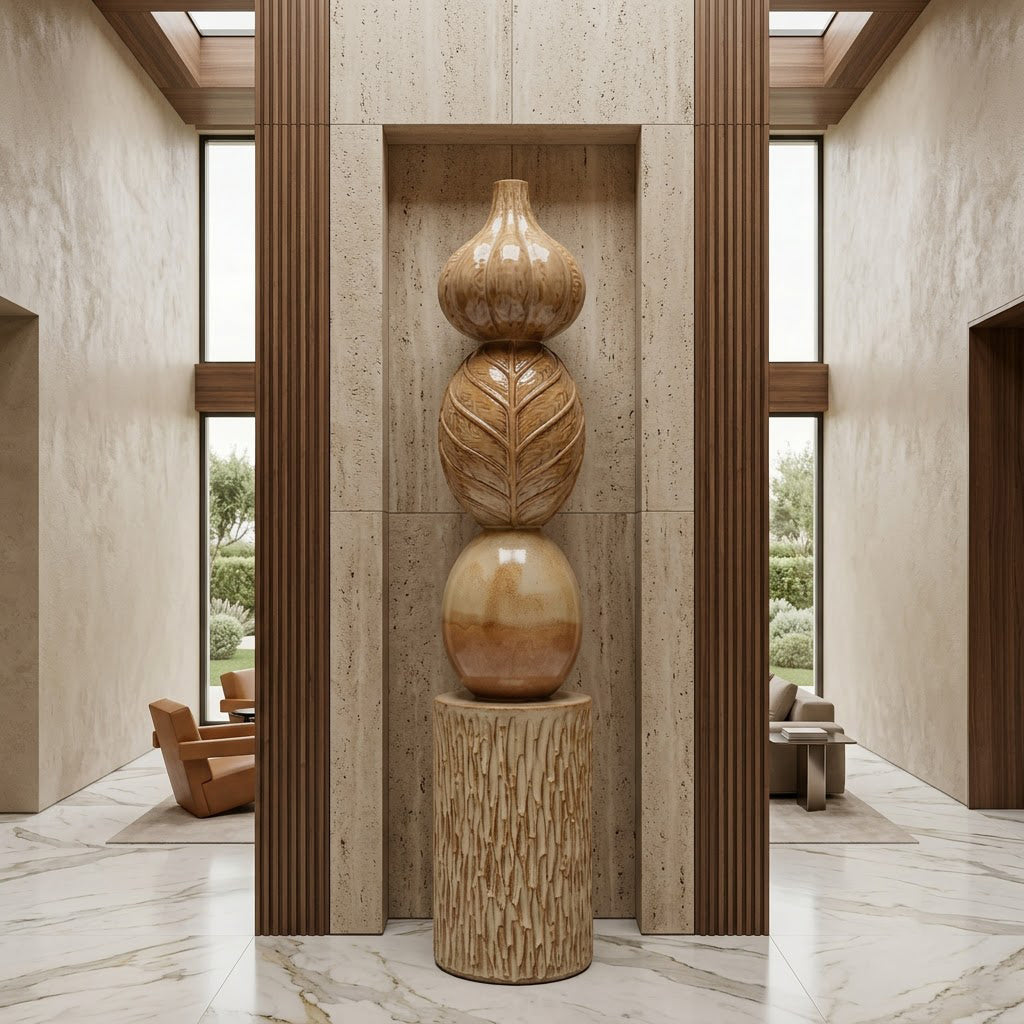 Ceramic Glazed Gourd Leaf Stack Sculpture