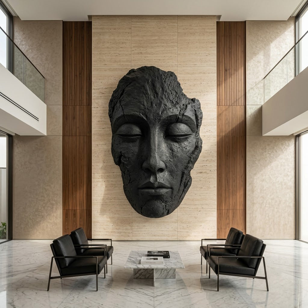 Large Dark Stone Face Mask Wall Sculpture