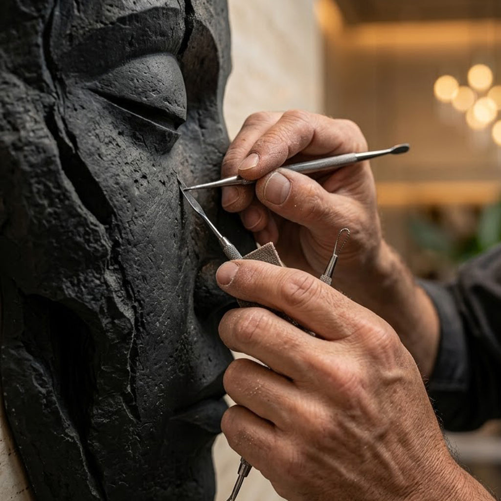 Large Dark Stone Face Mask Wall Sculpture