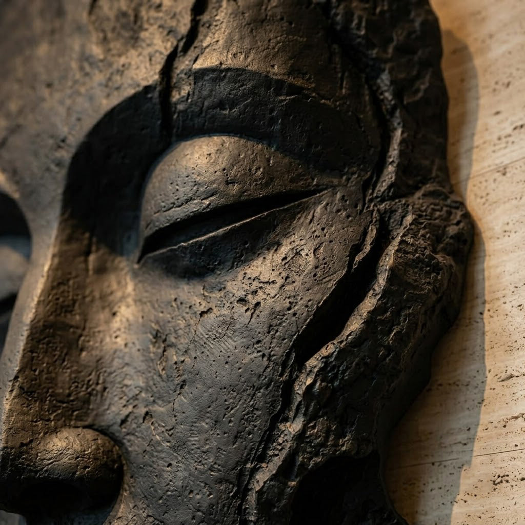 Large Dark Stone Face Mask Wall Sculpture