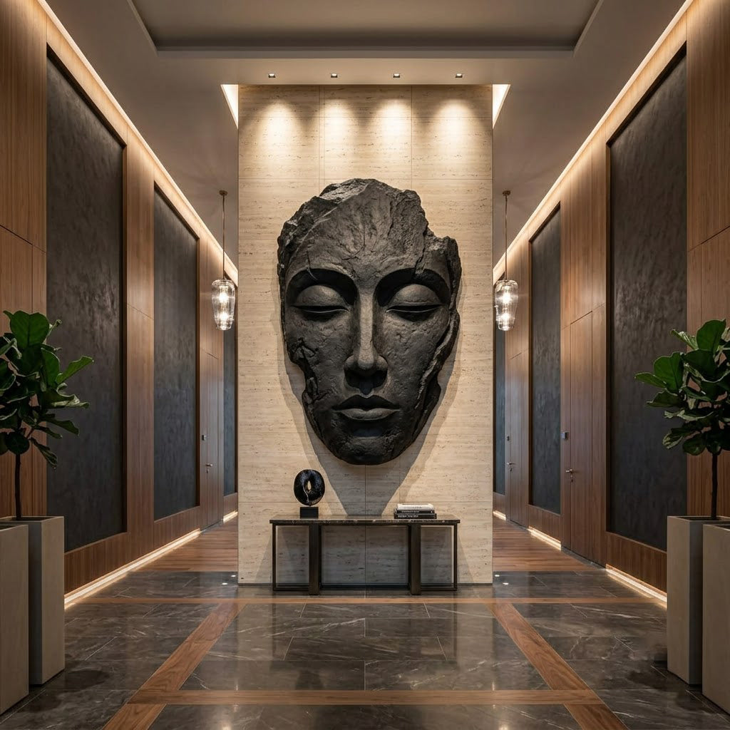Large Dark Stone Face Mask Wall Sculpture