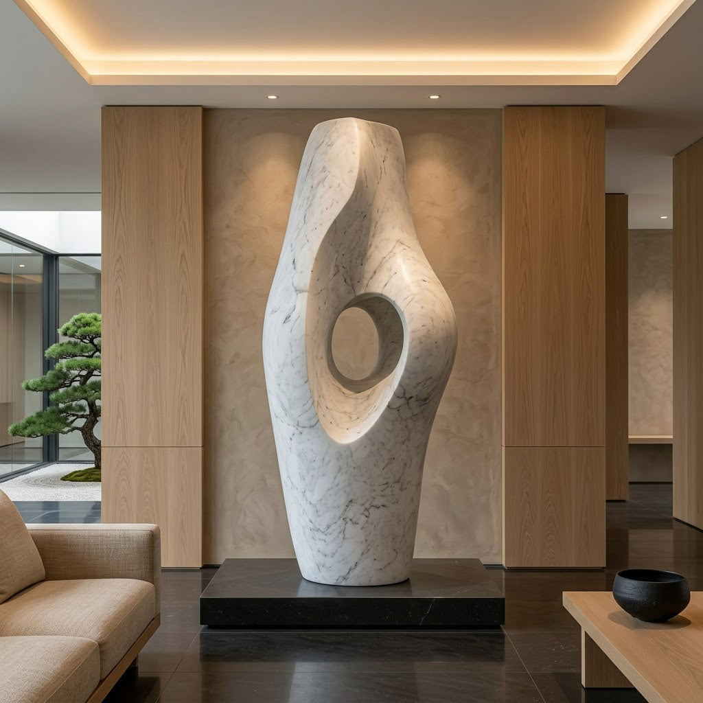 White Marble Open Circle Garden Sculpture
