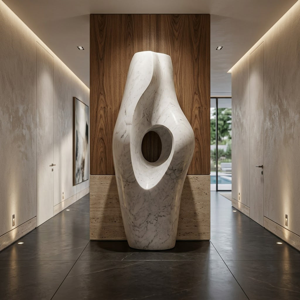 White Marble Open Circle Garden Sculpture