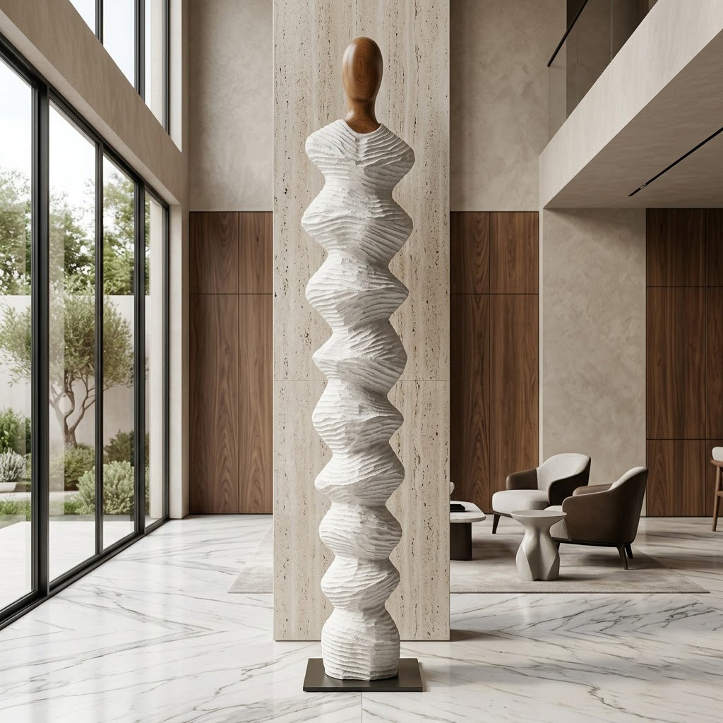 White Textured Ridged Figure Sculpture
