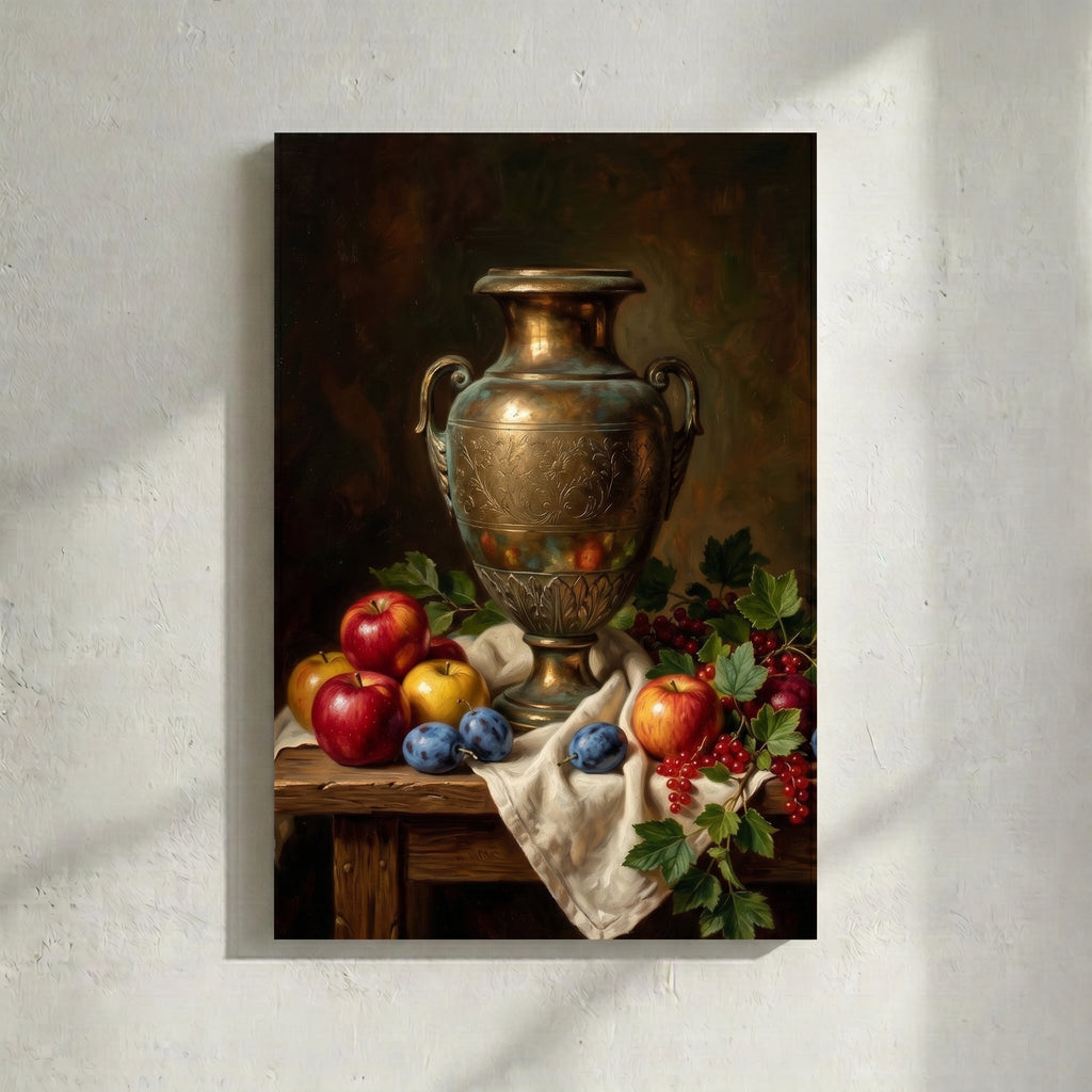Ornate Brass Urn with Apples & Plums