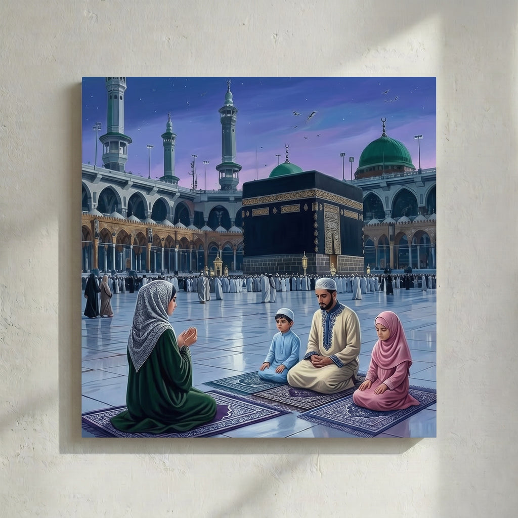 Muslim Family Praying Kaaba Mecca Painting
