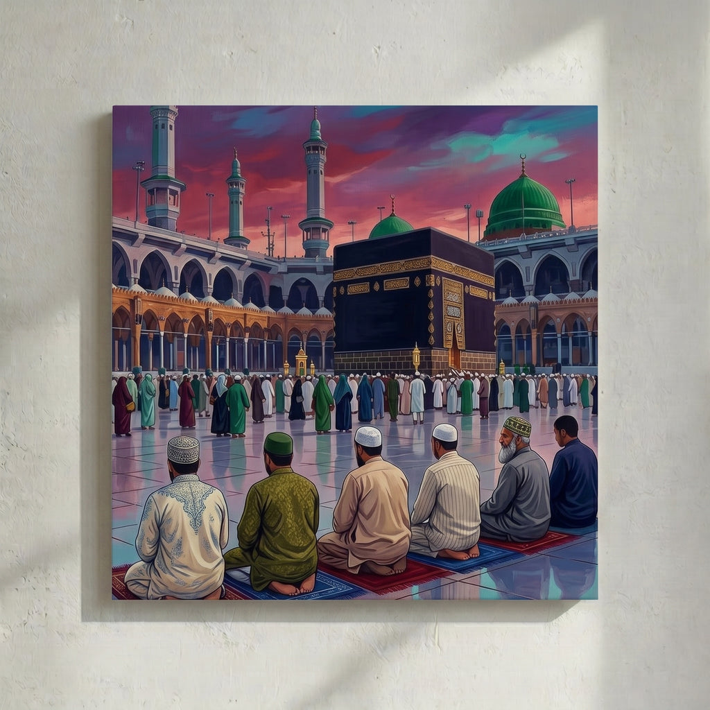Muslim Men Praying Kaaba Sunset Painting
