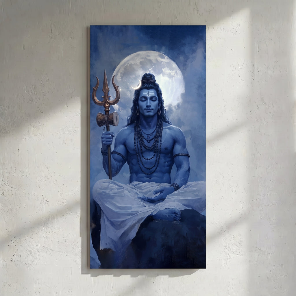 Shiva Meditation Painting Full Moon Trident Blue Art